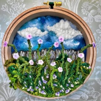 Stumpwork embroidery Dry stone wall and flower verge in the Peak District mounted on a 6" dia & 24mm thick embroidery hoop.