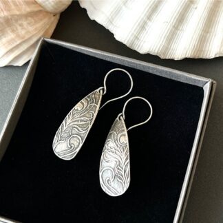 Large Fine Silver Oxidised Drop Earrings