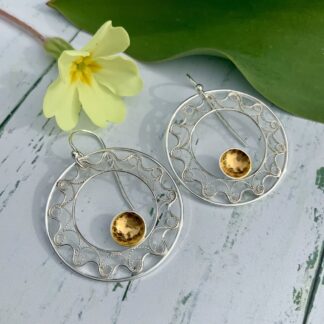 Round drop silver and gold filigree earrings