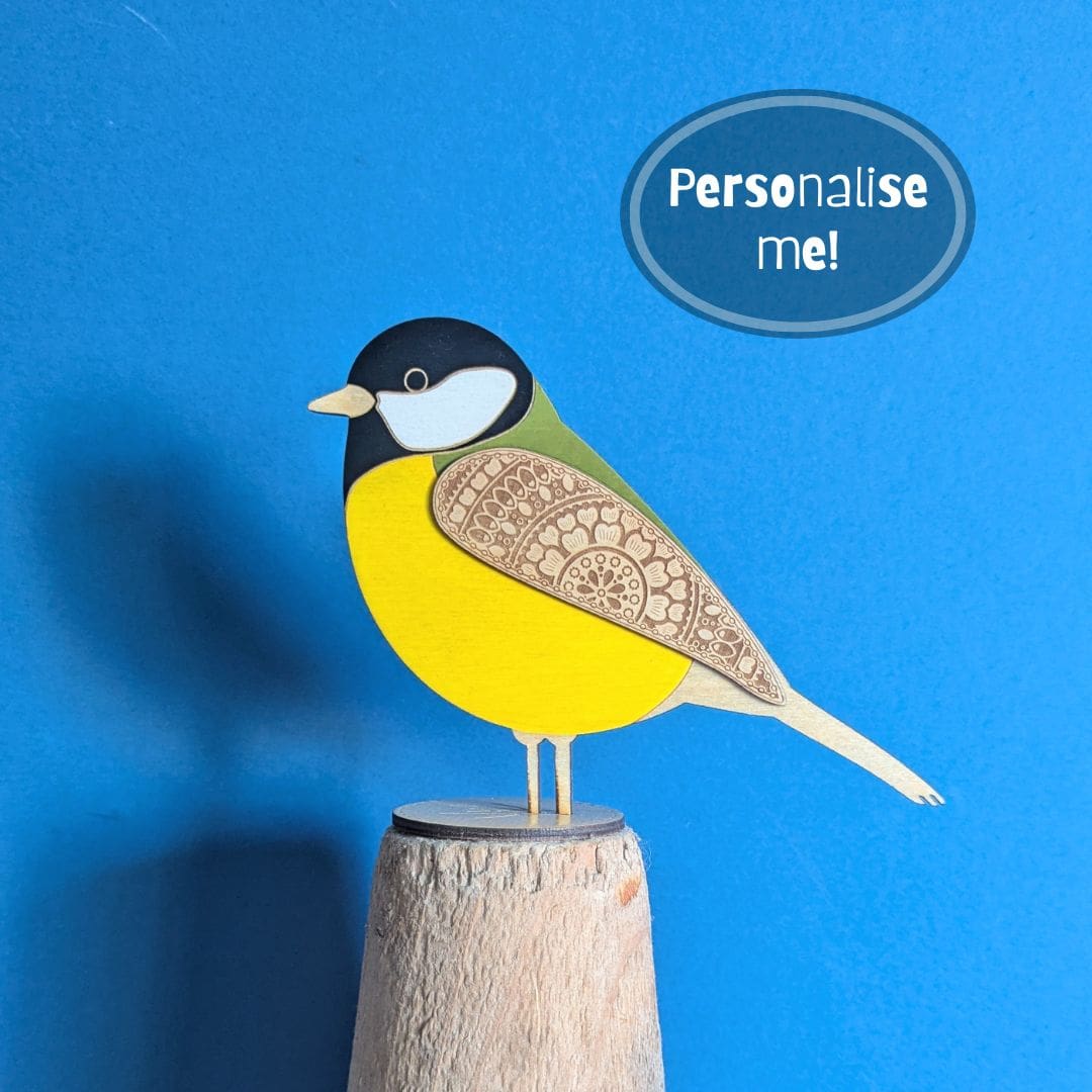 standing wooden hand pained garden bird great tit decoration