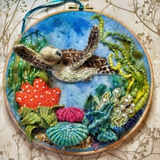 Felted embroidered 3d Turtle mounted on a 8" embroidery hoop