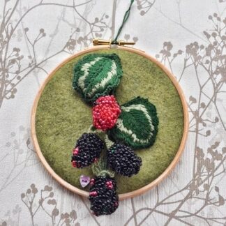 Stumpwork embroidered stem of 4 beaded Blackberries and two leaves on a 4" embroidery hoop