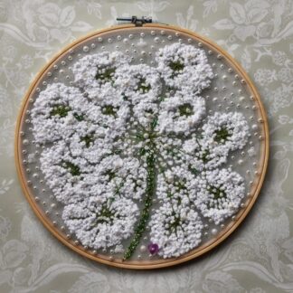 An embroidered Cow Parsley sewn on a 11" embroidery hoop
