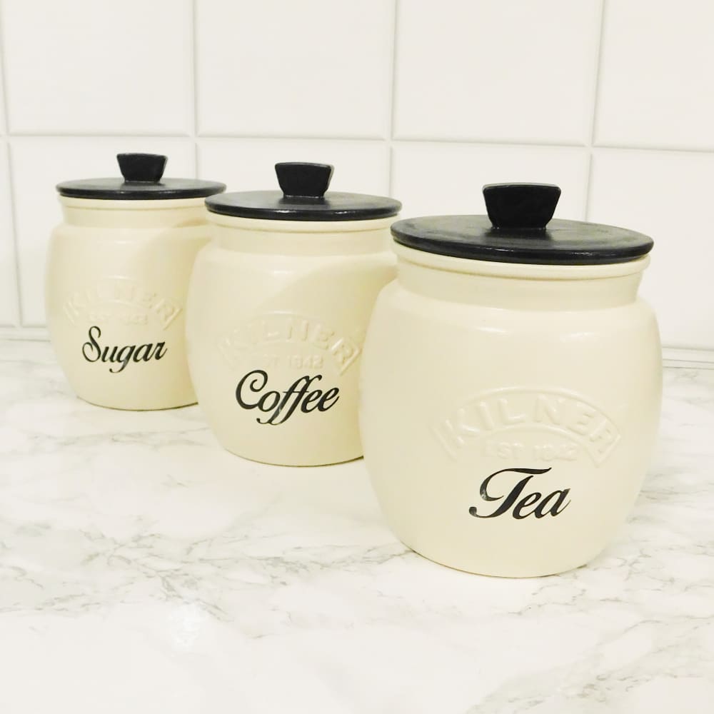 Cream and Black Kitchen Canisters, Tea Coffee Sugar Jars - Image 2