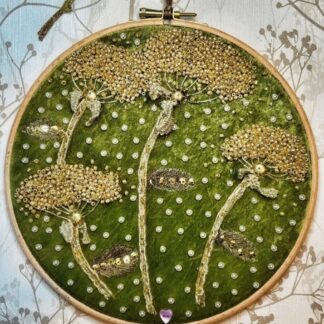 Gold beaded Cow parsley's on a 8" embroidery hoop.