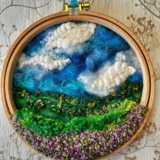 Stumpwork embroidery Heather season in the Peak District mounted on a 7" dia & 24mm thick embroidery hoop