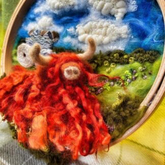 Stumpwork embroidery and Felted Highland cow in the Peak District mounted on a 9" dia & 24mm thick embroidery hoop.