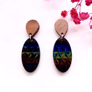 Art Deco style black holographic oval dangle earrings- handmde hyopallergenic boho jewellery.