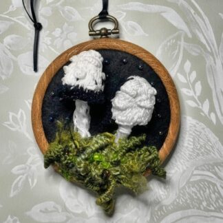 Stumpwork embroidered Ink Cap mushrooms on 3" embroidery hoop.