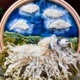 Stumpwork embroidery and Felted sheep in the Peak District mounted on a 9" dia & 24mm thick embroidery hoop.