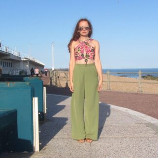 High waist, wide leg trousers in olive green colour