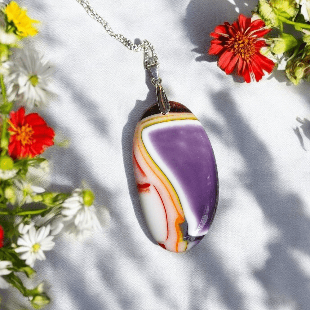 Handmade Fused Glass Pendant – Purple Marbled Necklace- Gift For Her - Image 2