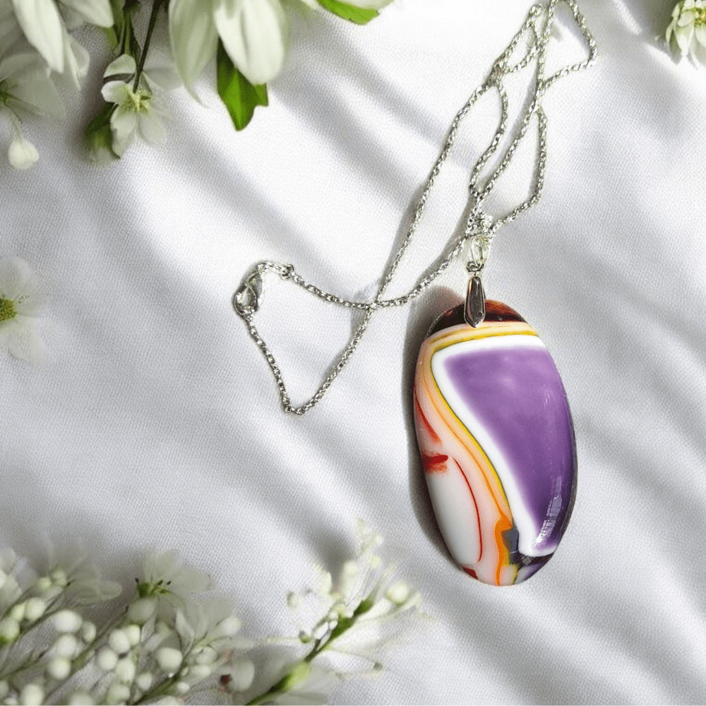 Handmade Fused Glass Pendant – Purple Marbled Necklace- Gift For Her - Image 5