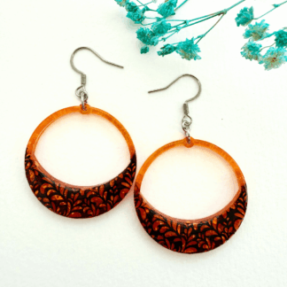 Autumn orange leaf floral lace effect hoop dangle earrings on surgical steel hypoallergenic earring hooks.