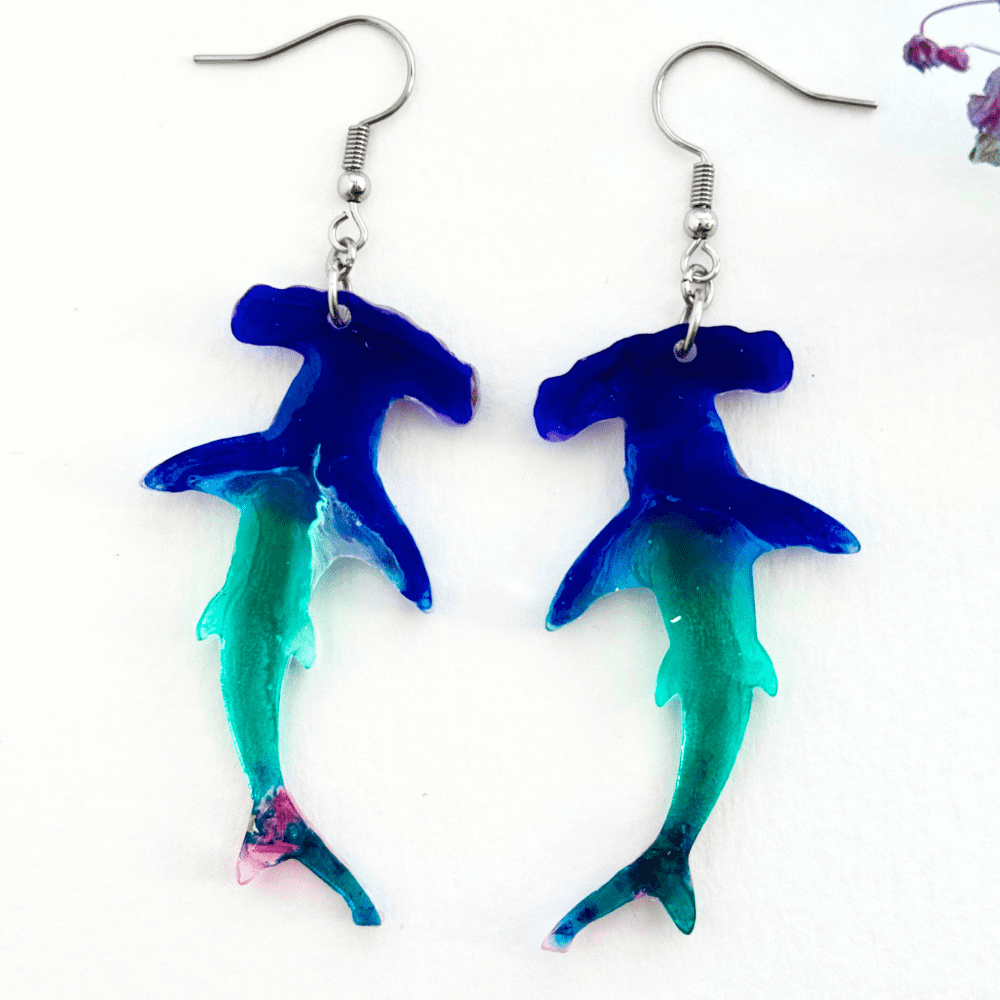 Ocean Glitter Hammerhead Shark Earrings – Blue & Green Resin Dangle with Sea Creatures – Quirky Handmade Jewellery Gift - Image 2