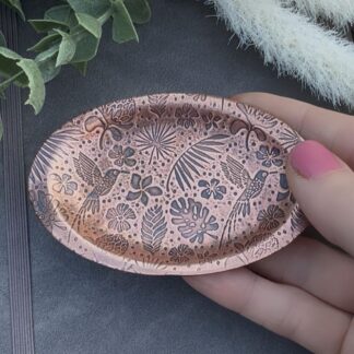 Copper ring dish with hummingbird pattern print