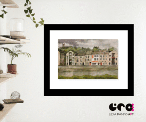 Watercolour painting of The wonky houses, St George’s Quay Lancaster