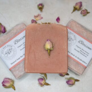 Pink Soap bars with rose buds. Natural organic soap