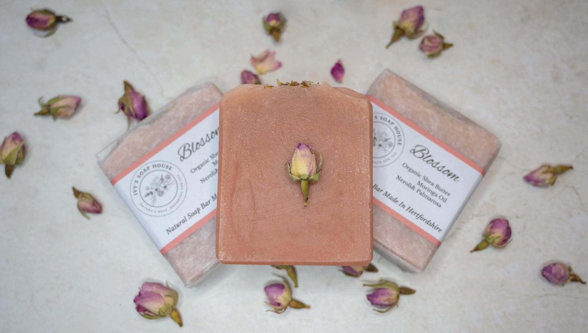 Pink Soap bars with rose buds. Natural organic soap