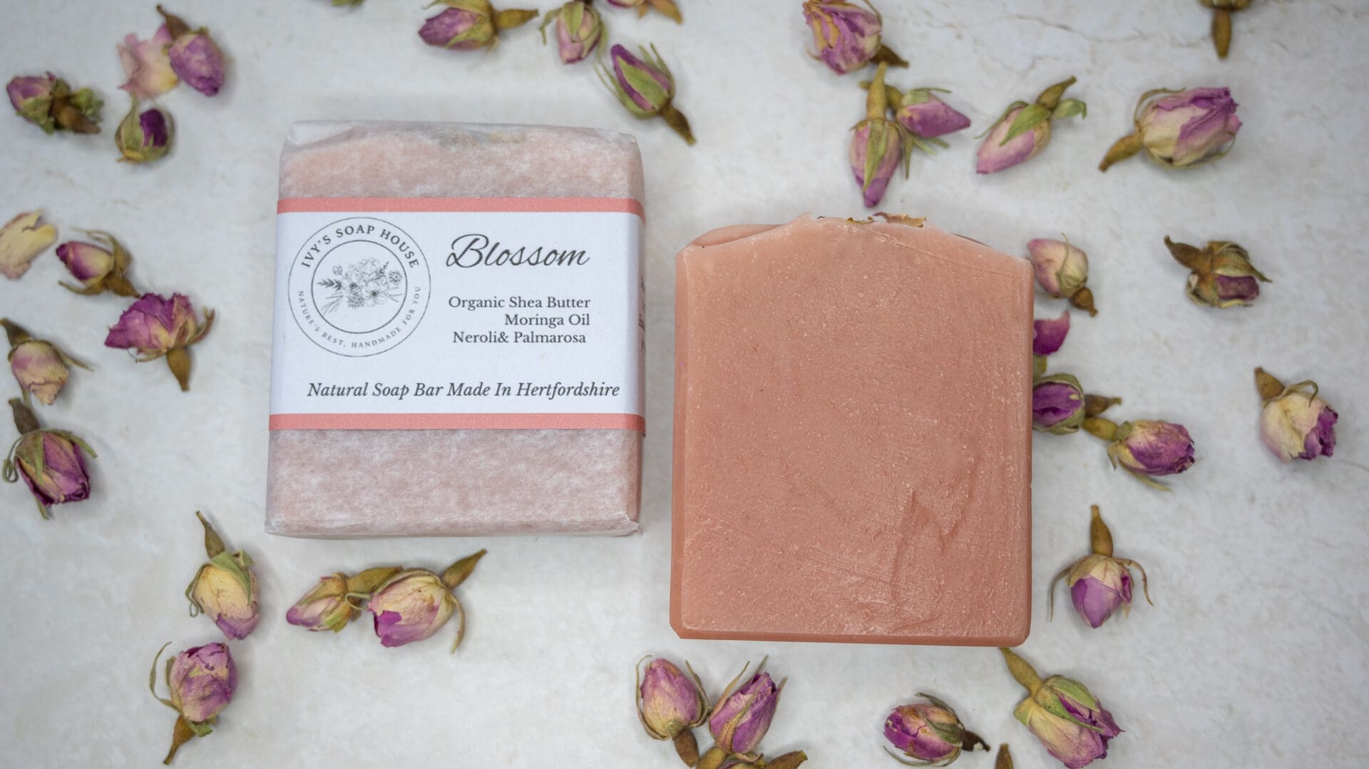 rose, pink soap bars and rose buds