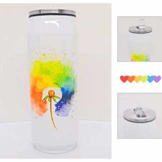 Can style drinks bottle with rainbow wishes artwork showing lid detail