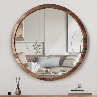 Round walnut mirror, designer mirror, luxury mirror, sleek mirror, small mirror, large mirror. A solid walnut mirror handcrafted from select pieces of walnut wood, blending timeless elegance with premium materials and exquisite craftsmanship. The artisanal wooden frame is finished with natural oils to highlight the wood’s rich grain.