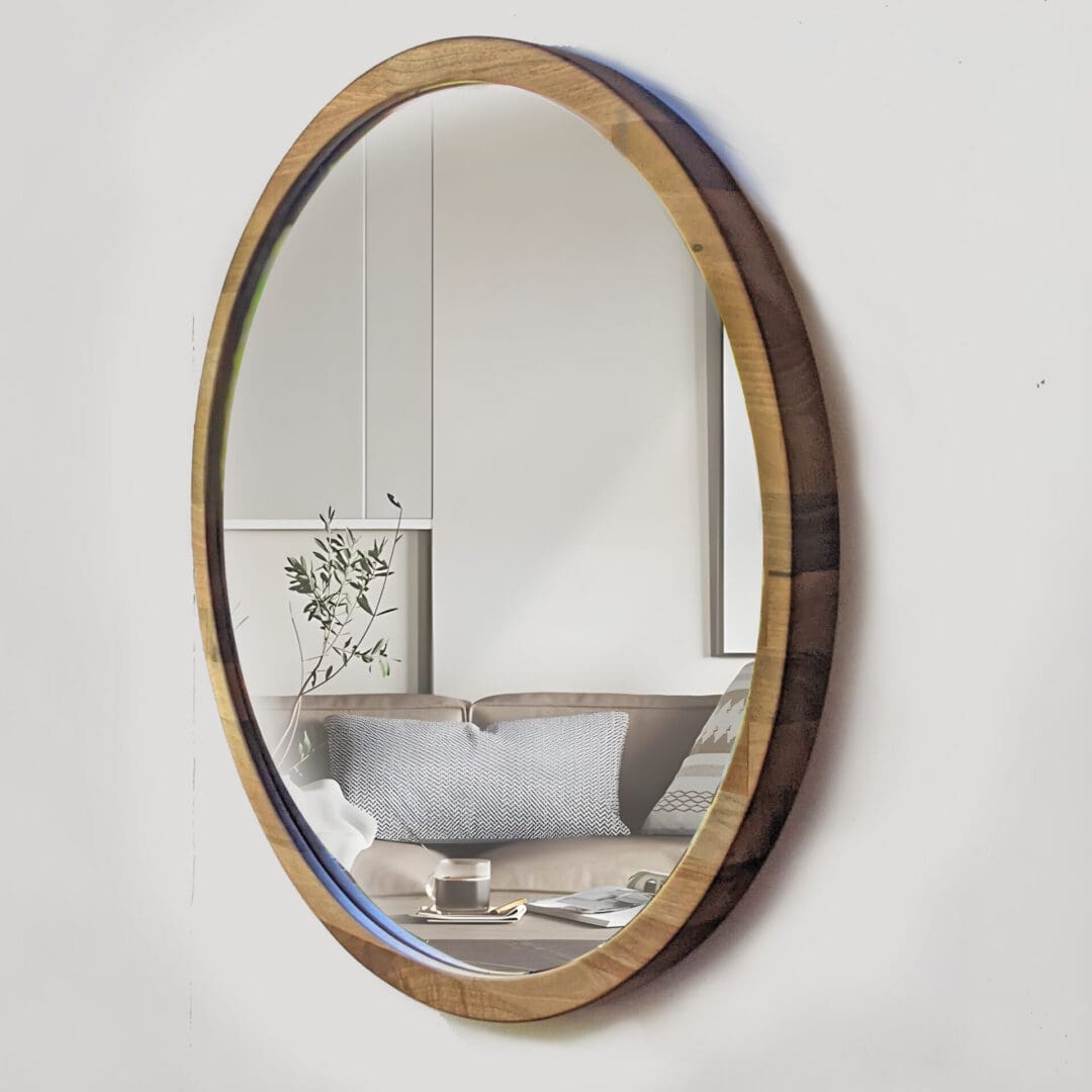 Handcrafted round mirror made from Solid Walnut wood. This round wooden mirror is ideal for entryway, living room or bedroom. - Image 4