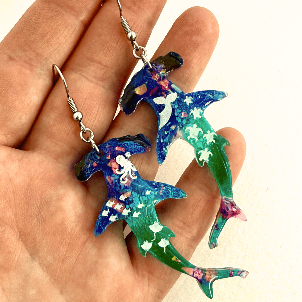 Ocean Glitter Hammerhead Shark Earrings – Blue & Green Resin Dangle with Sea Creatures – Quirky Handmade Jewellery Gift - Image 5