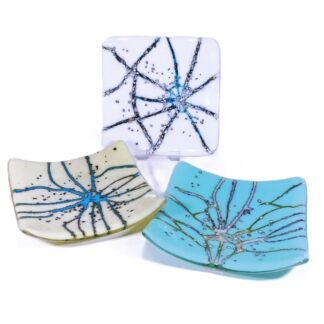 Selection of fused glass dishes with fragmented pattern