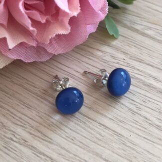 Dark Navy Blue Stud Earrings, Fused Glass and Sterling Silver