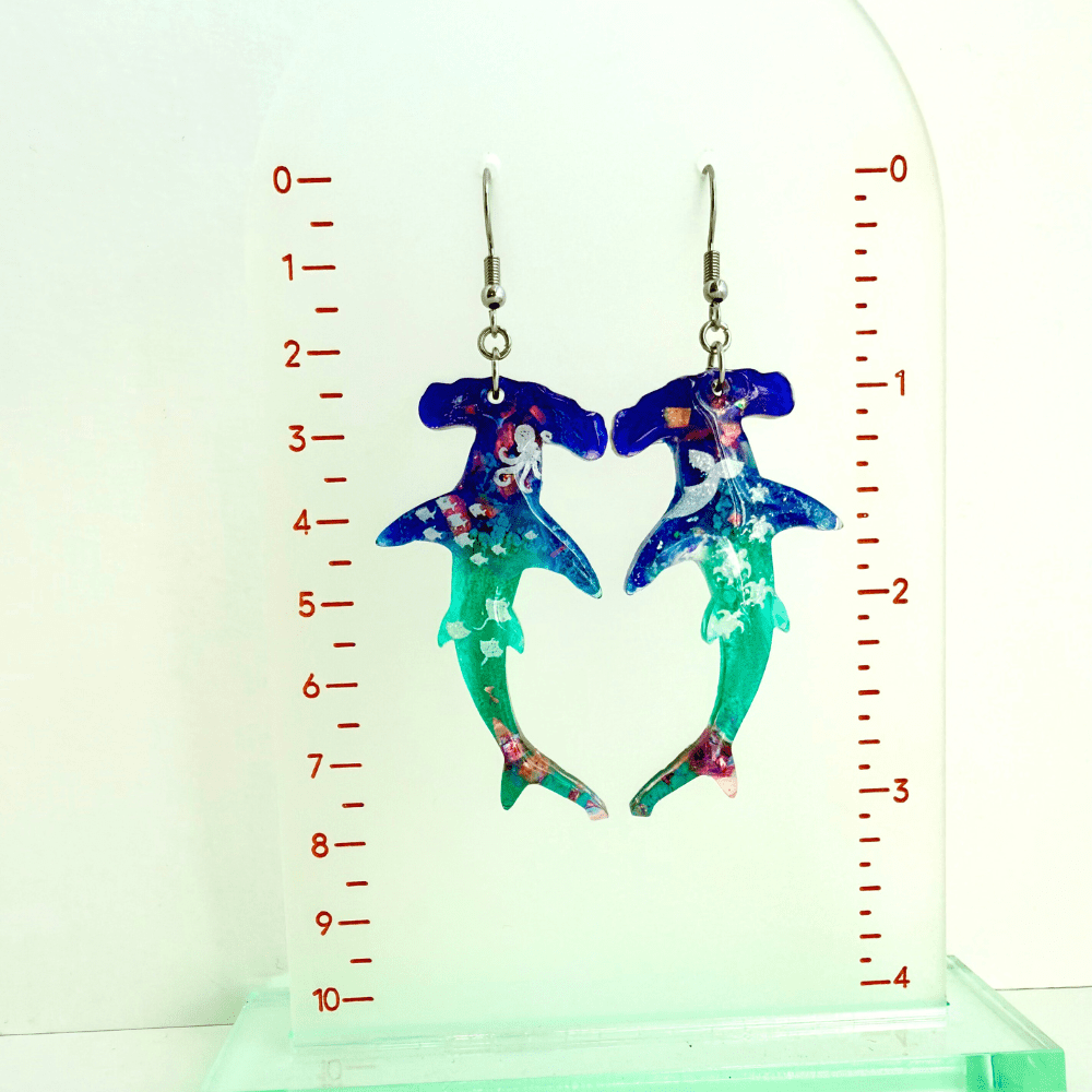 Ocean Glitter Hammerhead Shark Earrings – Blue & Green Resin Dangle with Sea Creatures – Quirky Handmade Jewellery Gift - Image 3
