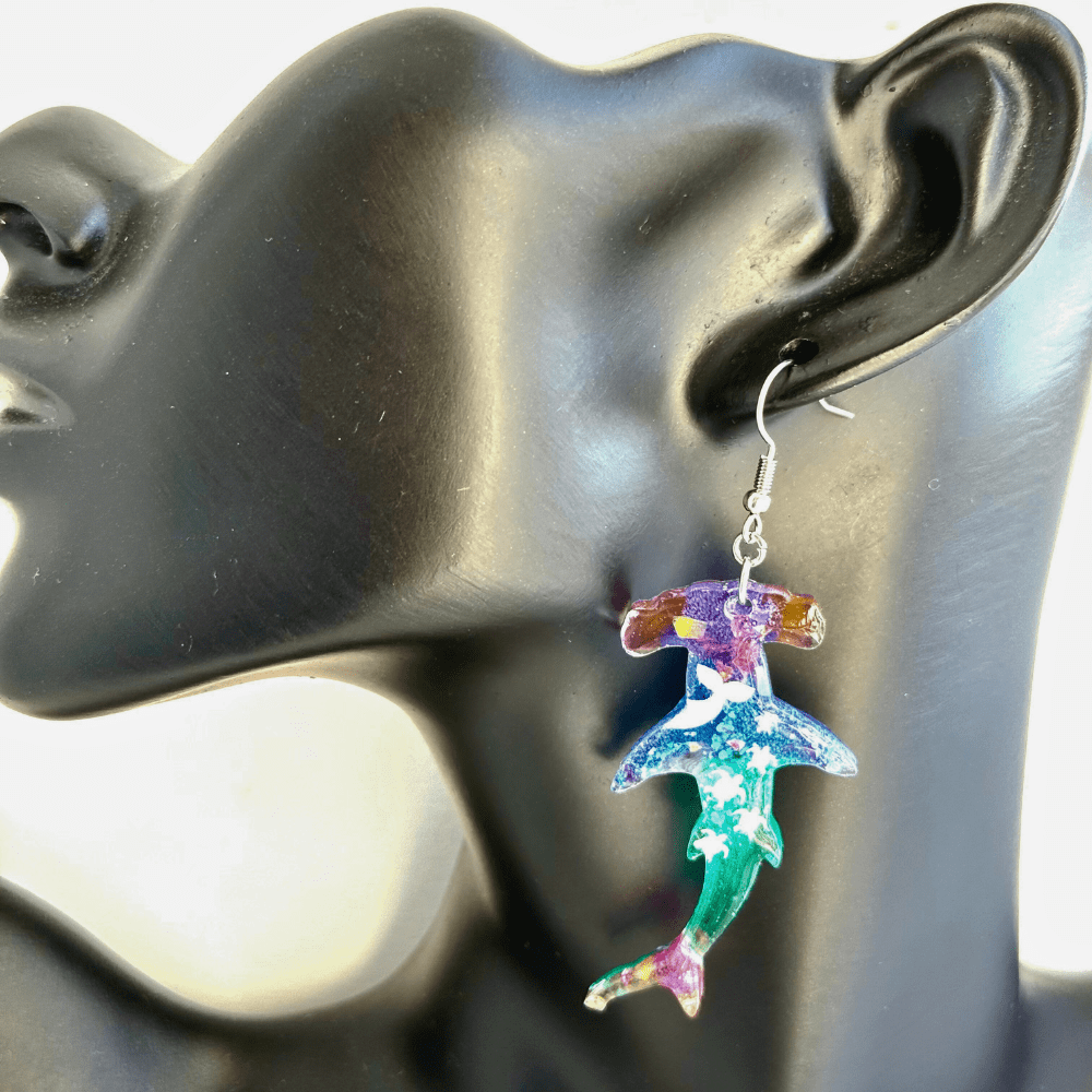 Ocean Glitter Hammerhead Shark Earrings – Blue & Green Resin Dangle with Sea Creatures – Quirky Handmade Jewellery Gift - Image 4