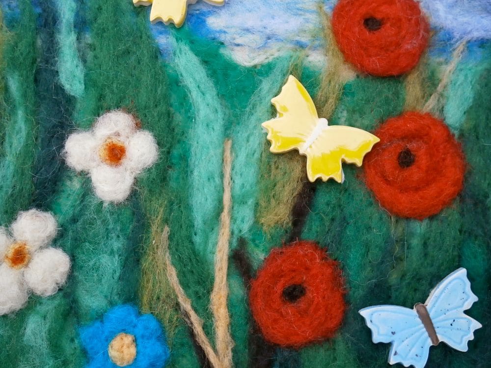 Needle Felted Picture with Wild Flowers and Ceramic Butterflies - Image 5