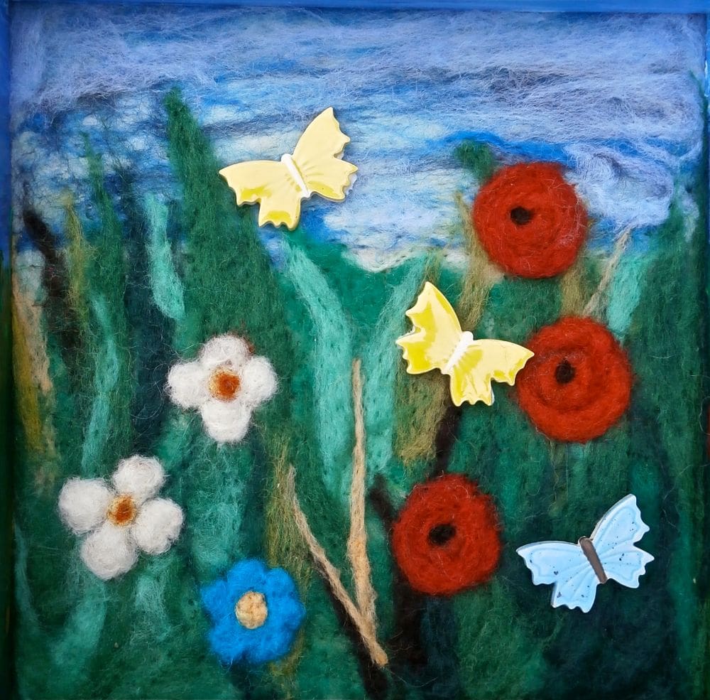 Needle Felted Picture with Wild Flowers and Ceramic Butterflies - Image 4
