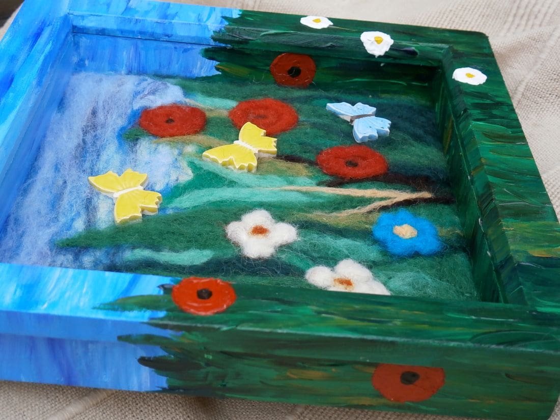 Needle Felted Picture with Wild Flowers and Ceramic Butterflies - Image 3