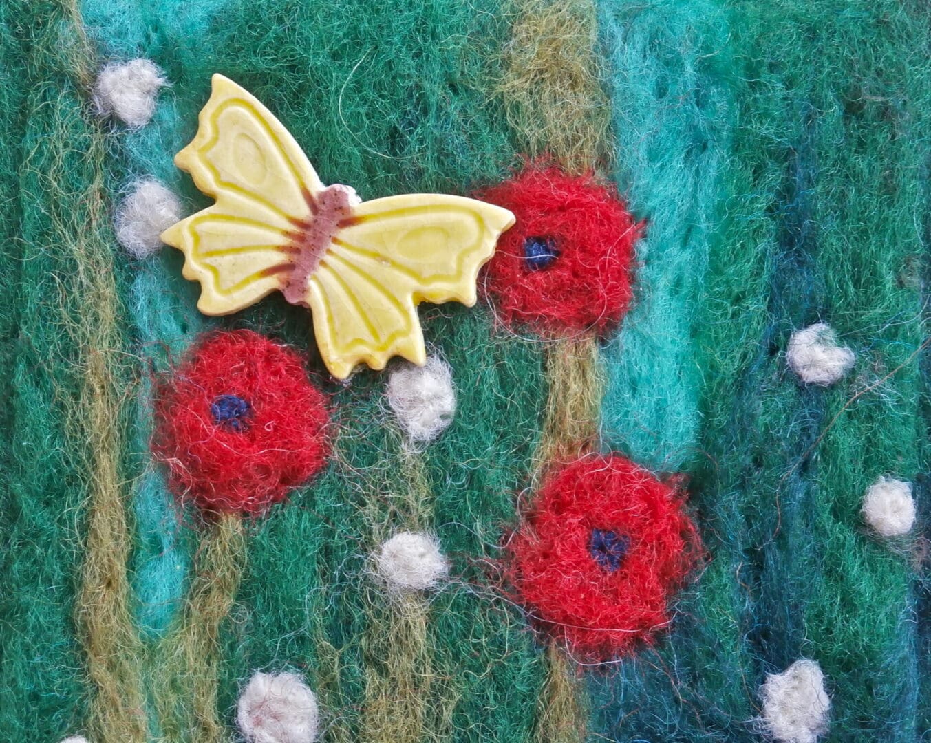 Needle Felted Picture with Wild Flowers and Ceramic Butterflies - Image 2