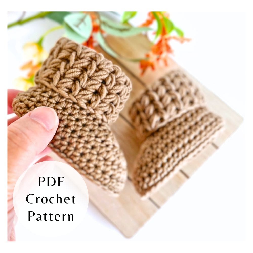 Crochet baby booties made with puff V stitch and folded cuff – newborn to 6 months sizes - pictured shade double latte