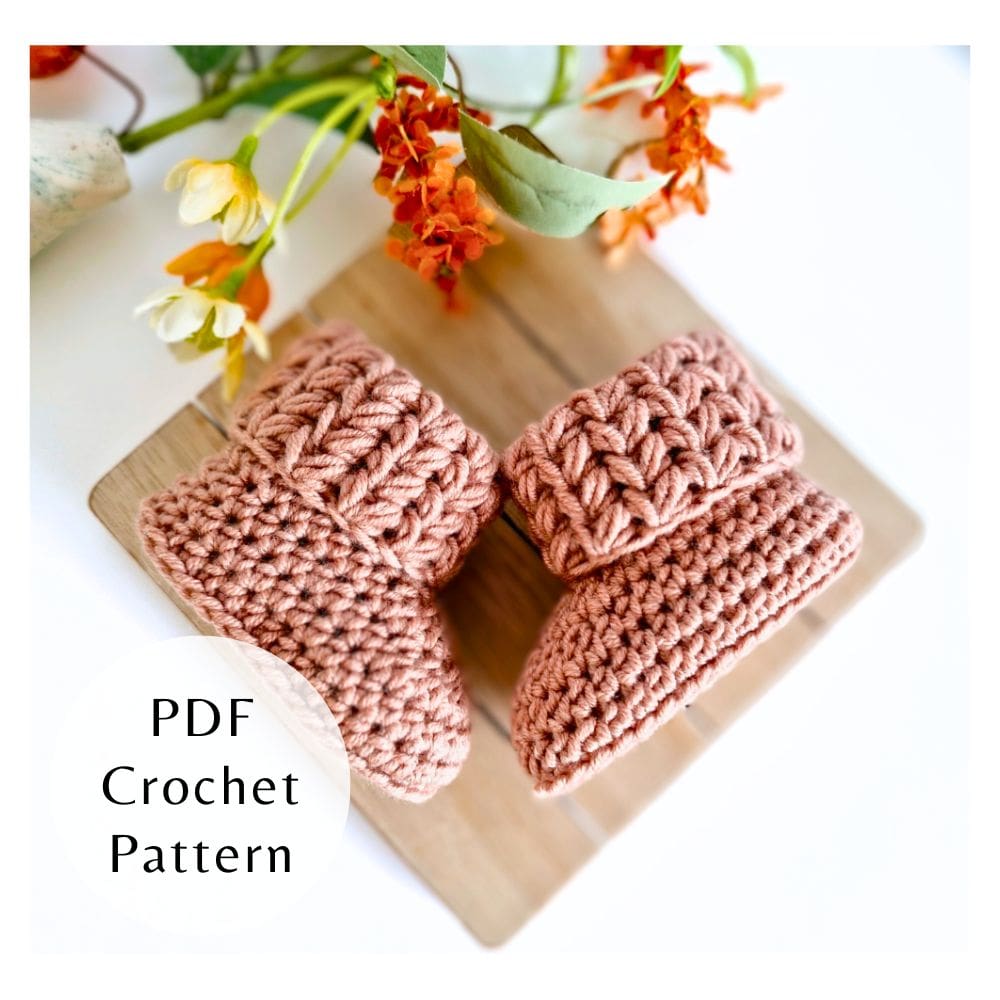 PDF crochet pattern for handmade puff V stitch baby booties with soft cuff