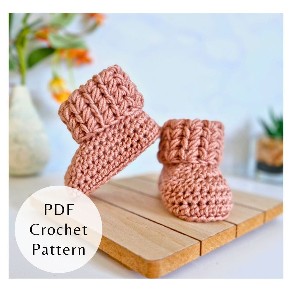 PDF crochet pattern for handmade puff V stitch baby booties with soft cuff