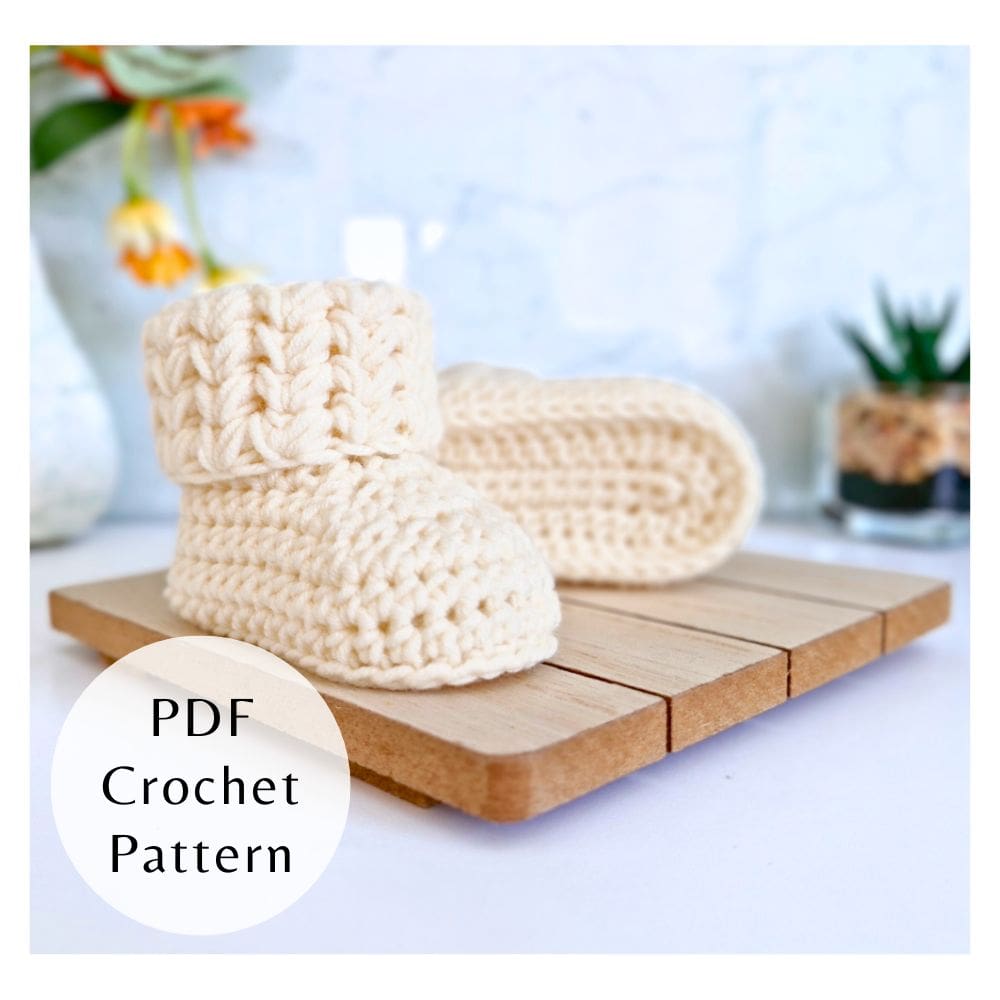 PDF crochet pattern for handmade puff V stitch baby booties with soft cuff