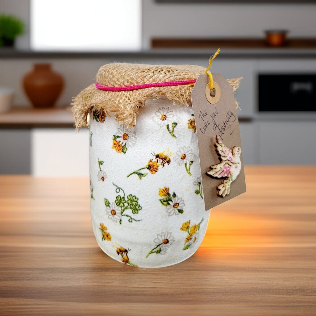 white painted jar with bee and daisy detail. brown hessian lid with pink band. brown tag with bird detail