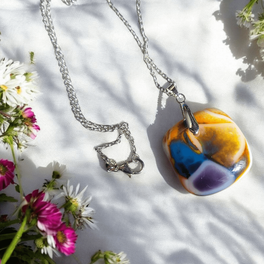 Handmade Fused Glass Pendant Necklace – Colourful Yellow, Purple & Blue – 3cm – 18" Silver Plated Chain – Unique Gift for Her - Image 7