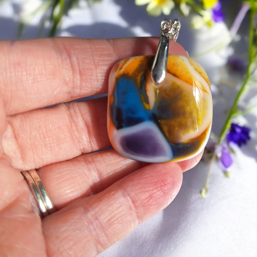 Handmade Fused Glass Pendant Necklace – Colourful Yellow, Purple & Blue – 3cm – 18" Silver Plated Chain – Unique Gift for Her - Image 2