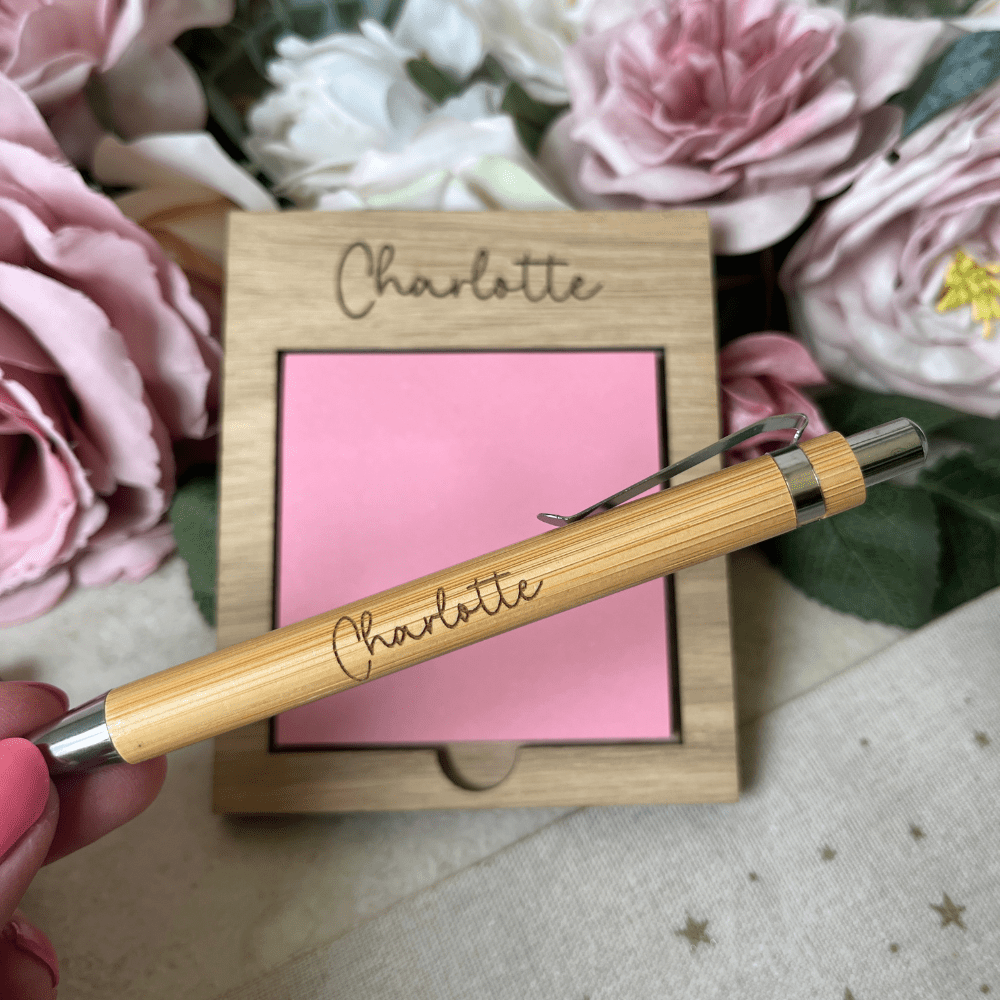 Personalised sticky note holder and engraved pen set – teacher thank you gift