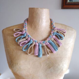 blue, pink and gold knitted bib necklace