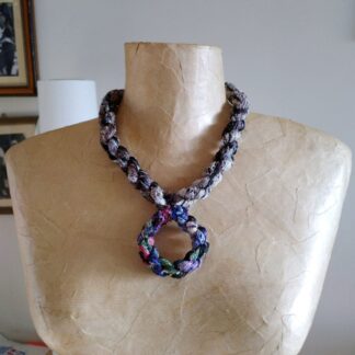 chunky fabric necklace made with loop detail in blue, purple, grey and black recycled fabrics
