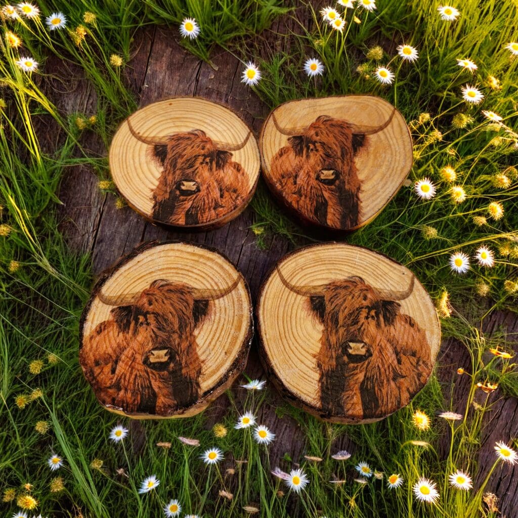 four round wood slice coasters with highland cow head detail on each one
