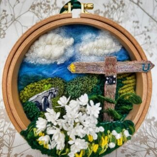 Stumpwork embroidery Monsal Head and Monsal Viaduct and flower verge in the Peak District mounted on a 6" dia & 24mm thick embroidery hoop.