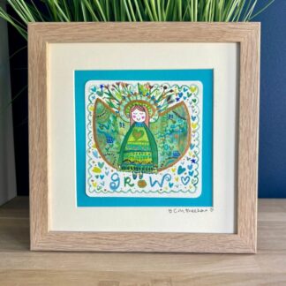 Grow - beautiful angel in shades of green and blue - watercolour floral angel artwork - mounted size 8x8 inch - angel artwork