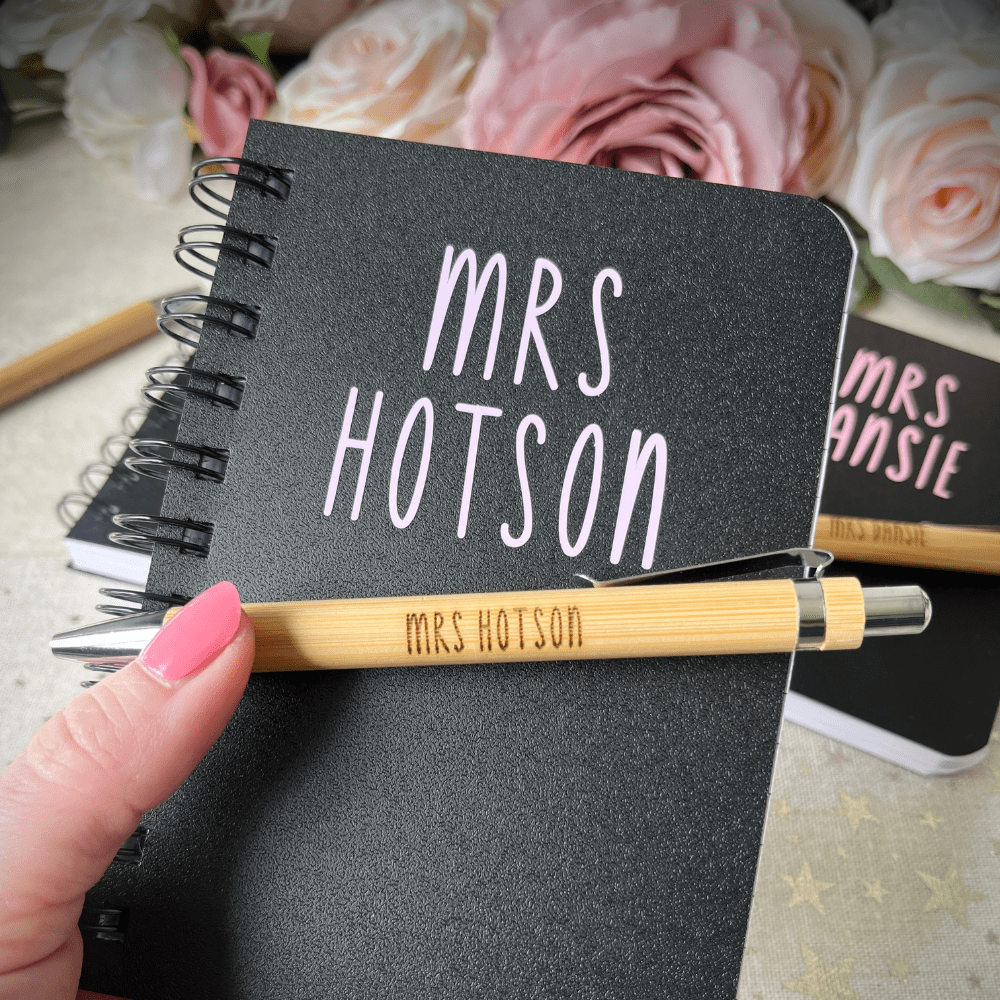 Thank you gift idea – personalised notebook and engraved pen for teacher